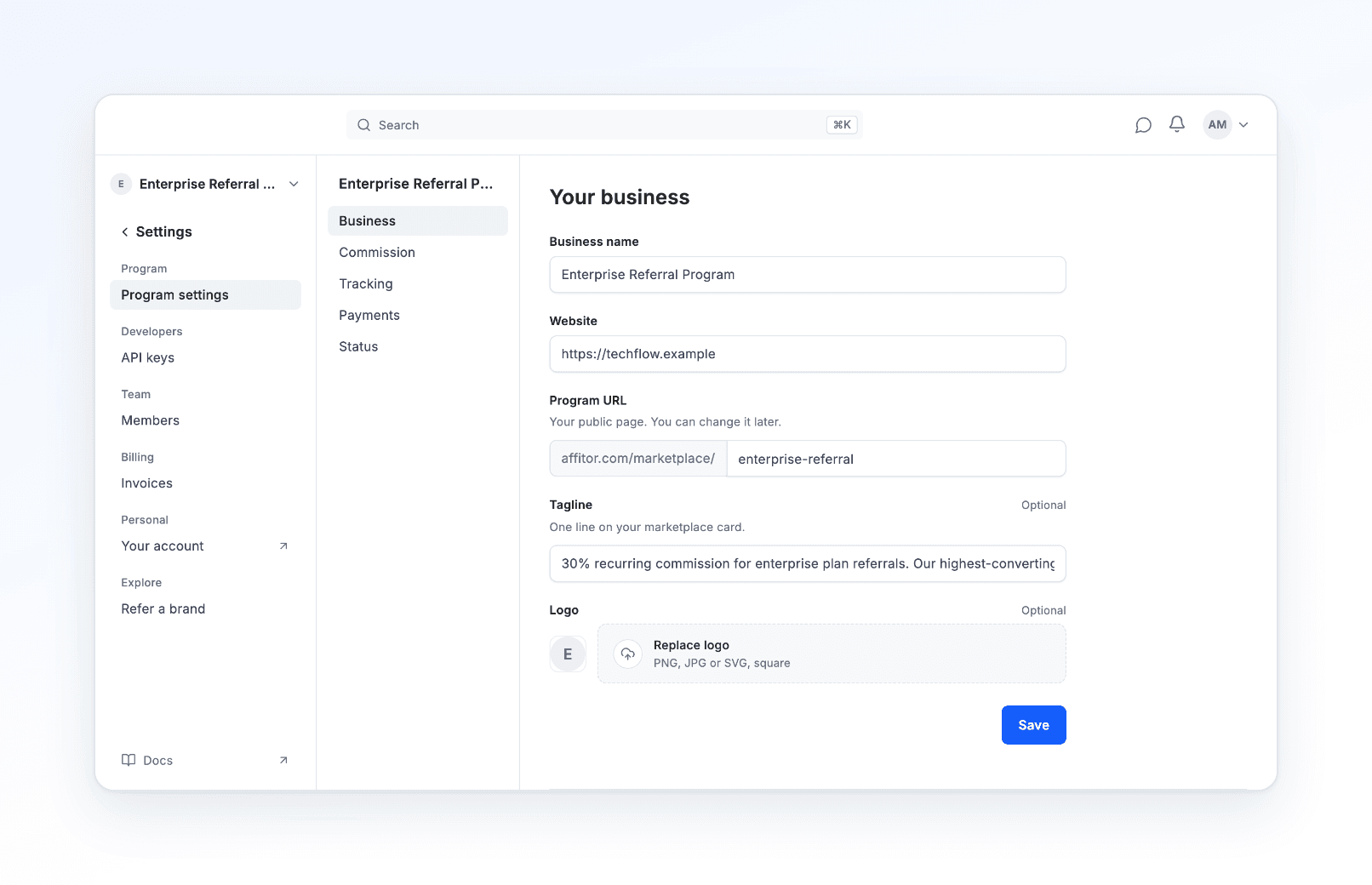 Program Settings — the checklist walks you through details, tracking, and sharing